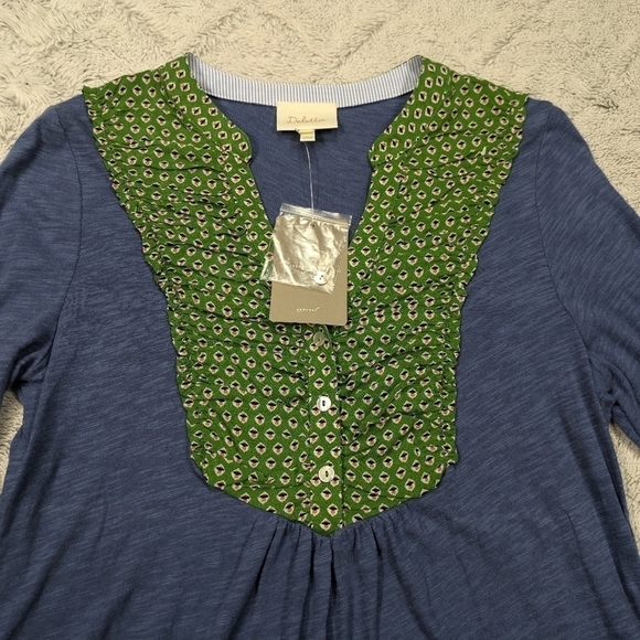 Anthropologie Deletta Shirt Women's XS Blue Green Floral Ruffle Peasant Prairie - Picture 3 of 9